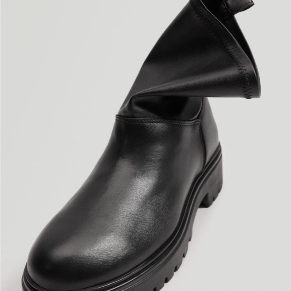 MANGO BLACK LEATHER SERRATED SOLE ANKLE BOOT